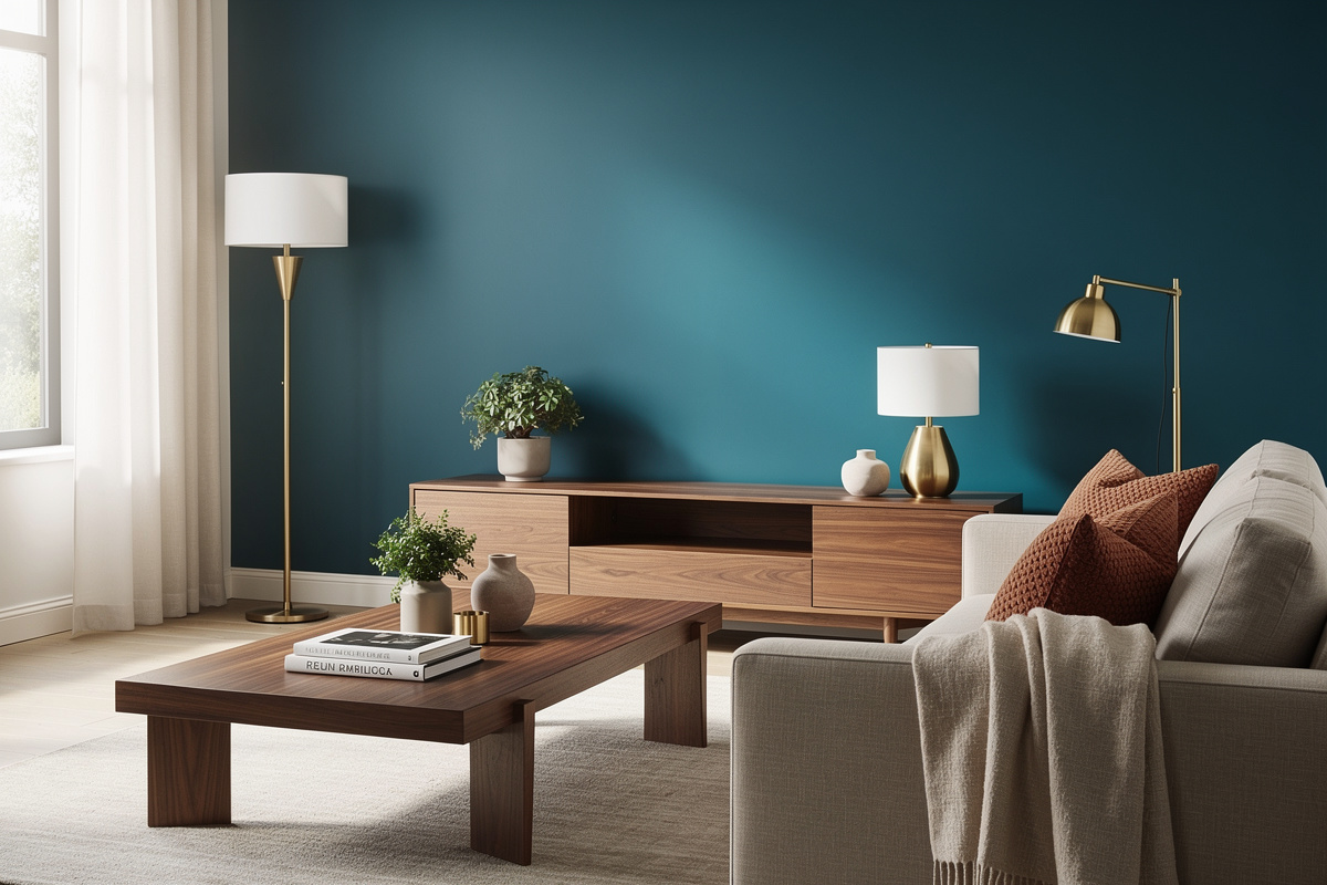 Salon contemporain avec un mur peint en transformative teal, mobilier en noyer, accents laiton brossé et coussins terre cuite